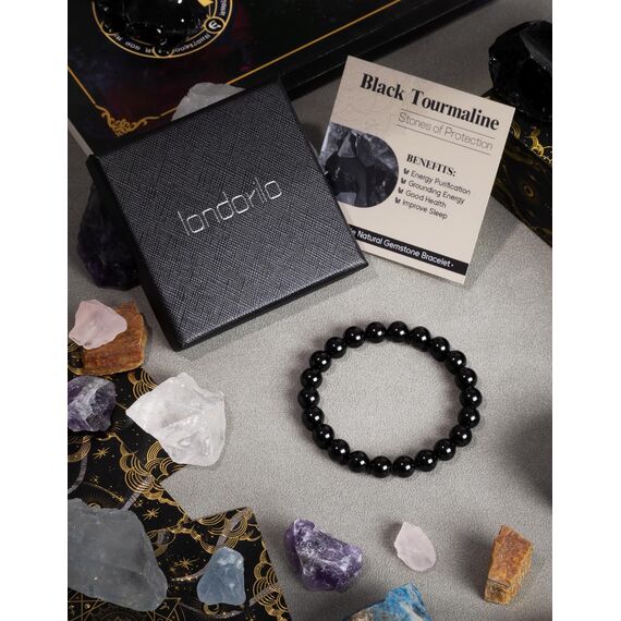 Landorilo Echte Naturstein Perlen Heilsteine Armband Damen Herren, 8MM Runde Edelsteine Yoga Armbänder, Glücksarmband, Kreative Schmuck Geschenke(Schwarzer Turmalin)