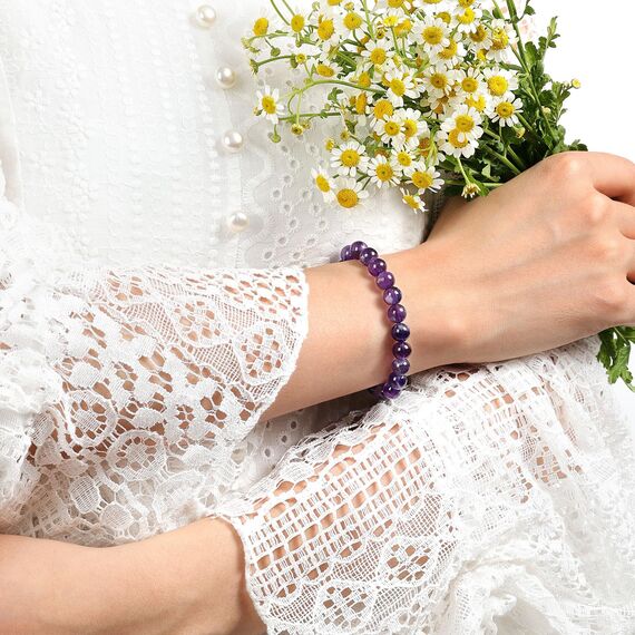 Landorilo Echte Naturstein Perlen Armband, Damen Herren Verträumt Amethyst Perlenarmband, 8MM Runde Edelsteine Yoga Chakren Armbänder, Geburtstag Valentinstag Geschenke