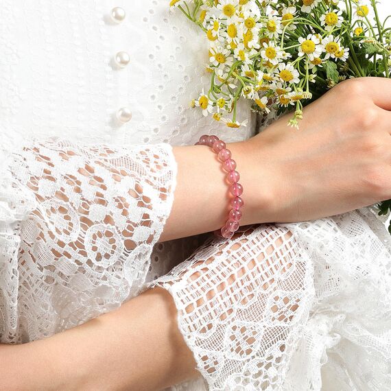 Landorilo Handmade Echte Naturstein Perlen Heilsteine Armband Damen Herren, 8MM Runde Edelsteine Yoga Armbänder, Glücksarmband, Kreative Schmuck Geschenke(Rosa Kristall)