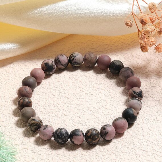 Landorilo Handmade Echte Naturstein Perlen Heilsteine Armband Damen Herren, 8MM Runde Edelsteine Yoga Armbänder, Glücksarmband, Kreative Schmuck Geschenke(Scrub Rosa Schwarzer Rhodonit)