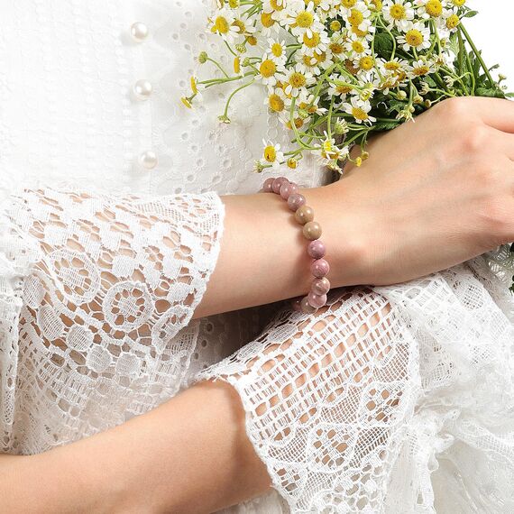 Landorilo Handmade Echte Naturstein Perlen Heilsteine Armband Damen Herren, 8MM Runde Edelsteine Yoga Armbänder, Glücksarmband, Kreative Schmuck Geschenke(Rosa Gestreifter Stein)