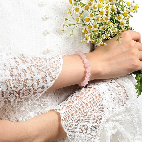 Landorilo Echte Naturstein Perlen Armband, Damen Herren Rosenquarz Perlenarmband, 8MM Runde Edelsteine Yoga Chakren Armbänder, Geburtstag Valentinstag Geschenke