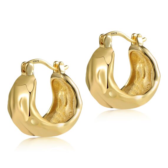 Gold Ohrringe Breit Creolen für Damen, Kleine Breit Creolen Ohrringe Hypoallergene Sterling Silber Gehämmerte CreolenKlobige Dicke Huggie Ohrringe Leichte Große für den Alltag