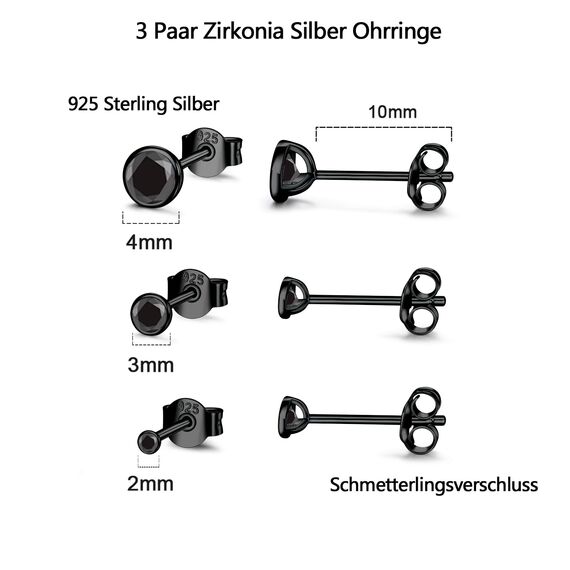 USEEDOVIA Ohrstecker Silber 925 Damen, 3 Paar Klein Sterling Silber Ohrringe Schwarz Set mit Schwarz Zirkonia Knorpel Funkelnd Schmuck Geschenke für Damen Herren 2/3/4mm
