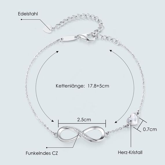 Infinity Armband Damen 925 Sterling Silber Rosegold or Edelstahl, Unendlichkeit Herz Armbänder Kristallen Armkette Valentinstag Muttertag Geburtstags Weihnachten Geschenk für Sie Frauen Freundin mama