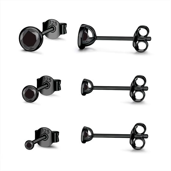 USEEDOVIA Ohrstecker Silber 925 Damen, 3 Paar Klein Sterling Silber Ohrringe Schwarz Set mit Schwarz Zirkonia Knorpel Funkelnd Schmuck Geschenke für Damen Herren 2/3/4mm