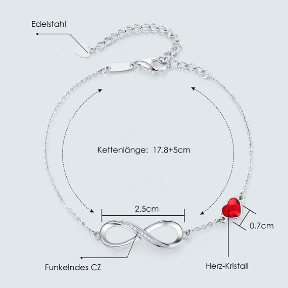 Infinity Armband Damen 925 Sterling Silber Rosegold or Edelstahl, Unendlichkeit Herz Armbänder Kristallen Armkette Valentinstag Muttertag Geburtstags Weihnachten Geschenk für Sie Frauen Freundin mama