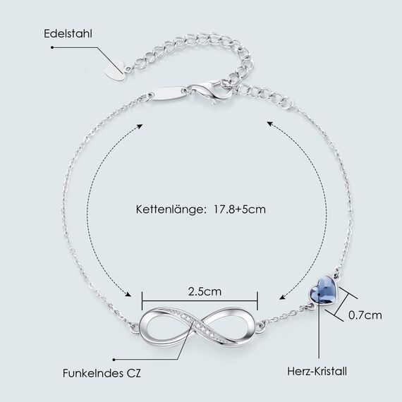 Infinity Armband Damen 925 Sterling Silber Rosegold or Edelstahl, Unendlichkeit Herz Armbänder Kristallen Armkette Valentinstag Muttertag Geburtstags Weihnachten Geschenk für Sie Frauen Freundin mama