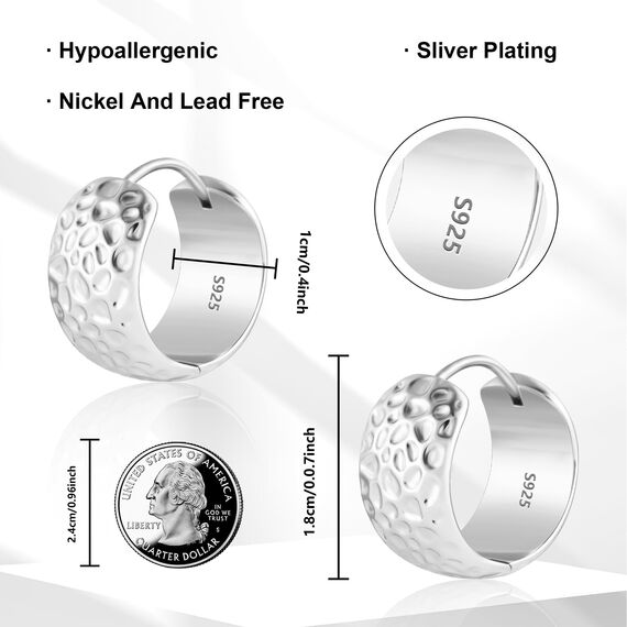 Silber 925 Creolen Ohrring für Damen, Klein Breite Creolen Ohrring Silber Gehämmerte Klobige Creolen Hypoallergene Sterling Silber breite Huggie-Creolen leichte Creolen für den Alltag für Frauen