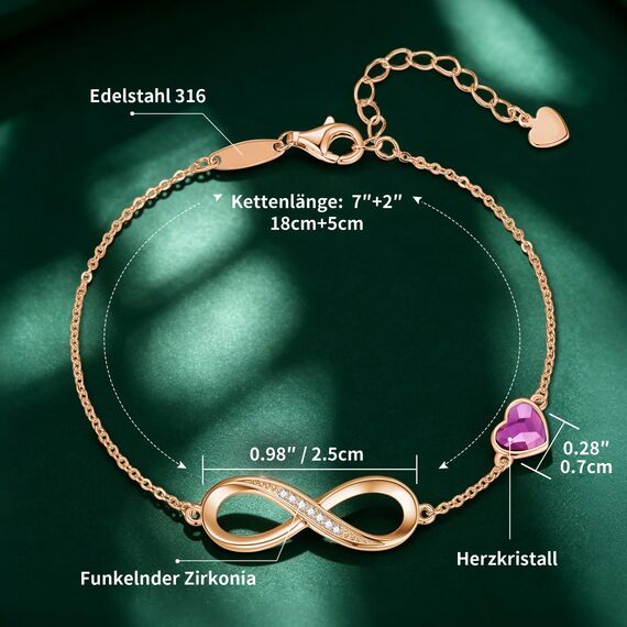 Infinity Armband Damen 925 Sterling Silber Rosegold or Edelstahl, Unendlichkeit Herz Armbänder Kristallen Armkette Valentinstag Muttertag Geburtstags Weihnachten Geschenk für Sie Frauen Freundin Mama