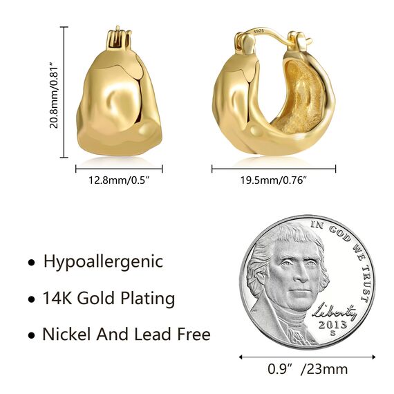 Gold Ohrringe Breit Creolen für Damen, Kleine Breit Creolen Ohrringe Hypoallergene Sterling Silber Gehämmerte CreolenKlobige Dicke Huggie Ohrringe Leichte Große für den Alltag