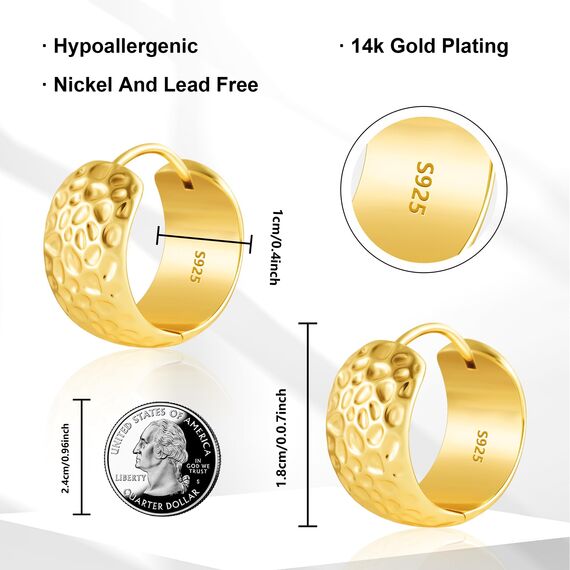Gold Ohrringe Kleine Creolen für Damen, Kleine Gehämmerte Gold Ohrringe Hypoallergene Sterling Silber Ohrringe Gold Gehämmerte Breite Ohrringe Kleine Huggie Creolen Ohrringe Leichte Creolen Frauen