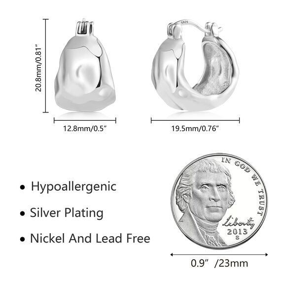 Silber 925 Ohrringe Kleine Creolen Breit für Damen, Klobige Ohrringe aus Sterlingsilber Ohrringe Hypoallergene Gehämmerte Kleine Dicke Huggie Creolen Leichte Breite Creolen Ohrringe für den Alltag