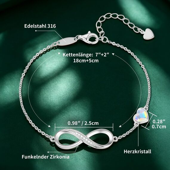 Infinity Armband Damen 925 Sterling Silber Rosegold or Edelstahl, Unendlichkeit Herz Armbänder Kristallen Armkette Valentinstag Muttertag Geburtstags Weihnachten Geschenk für Sie Frauen Freundin Mama