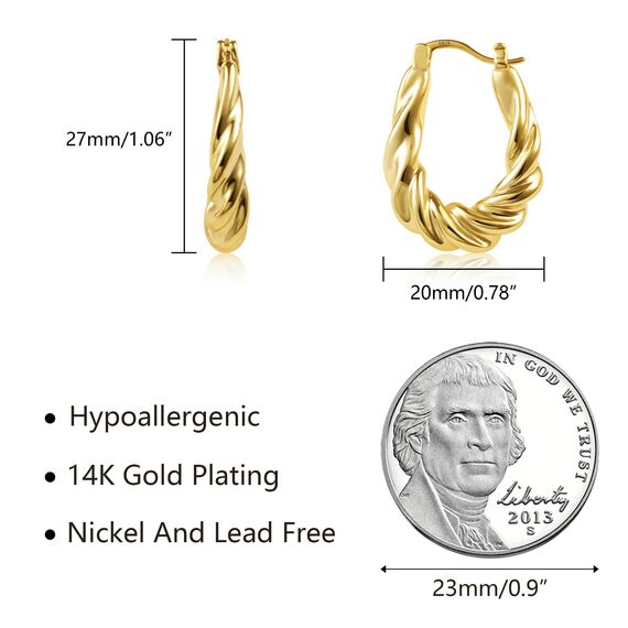 Gold Creolen Ohrringe für Damen, Kleine Klobige Creolen Ohrringe Ovale Gedrehte Creolen Ohrringe Sterling Silber Gedrehte Ohrringe Hypoallergen Huggie Klobige Creolen Ohrringe Damen Mädchen
