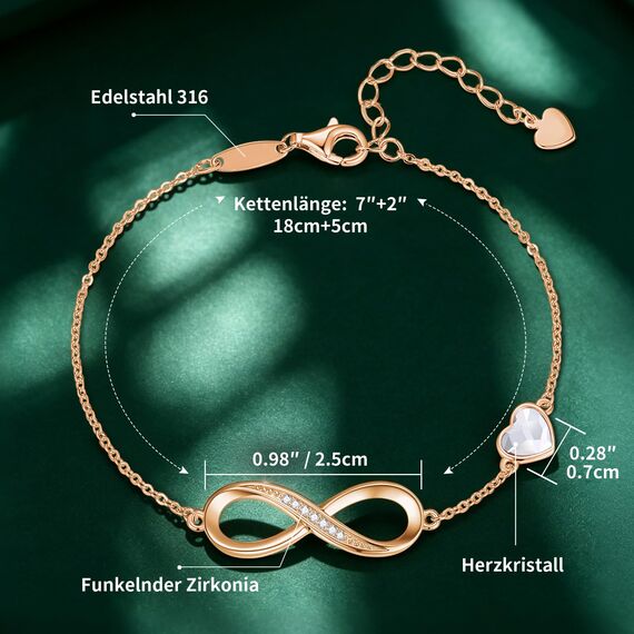 Infinity Armband Damen 925 Sterling Silber Rosegold or Edelstahl, Unendlichkeit Herz Armbänder Kristallen Armkette Valentinstag Muttertag Geburtstags Weihnachten Geschenk für Sie Frauen Freundin Mama