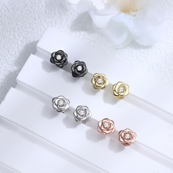 JeweBella Klein Rosen Ohrstecker Silber 925 Ohrringe für Damen Mädchen Hypoallergen Kleine Rose Blumen Ohrstecker mit 5A+Zirkonia Helix Knorpel Ohrringe Silber/Gold/Rose Gold/Schwarz Geschenke