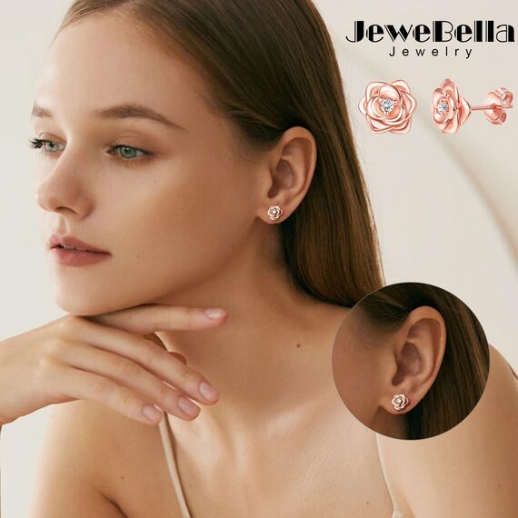 JeweBella Klein Rosen Ohrstecker Silber 925 Ohrringe für Damen Mädchen Hypoallergen Kleine Rose Blumen Ohrstecker mit 5A+Zirkonia Helix Knorpel Ohrringe Silber/Gold/Rose Gold/Schwarz Geschenke