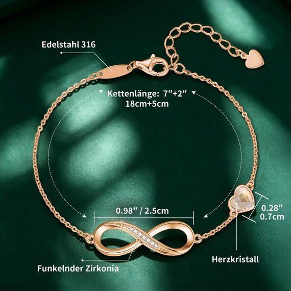 Infinity Armband Damen 925 Sterling Silber Rosegold or Edelstahl, Unendlichkeit Herz Armbänder Kristallen Armkette Valentinstag Muttertag Geburtstags Weihnachten Geschenk für Sie Frauen Freundin Mama