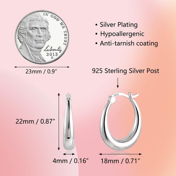 Silber 925 Creolen Ohrringe für Damen, Große Ovale Creolen Ohrringe Hypoallergen Sterling Silber Ohrringe Klobige Creolen Ohrringe Dick Creolen Glatte Tropfenform Damen Mädchen 2,2 cm