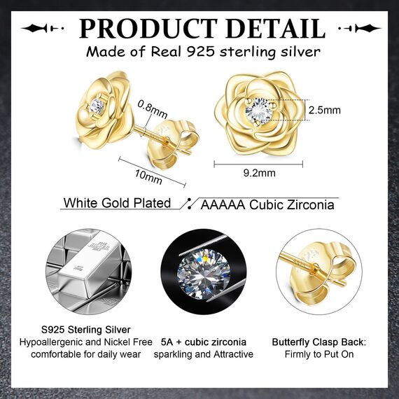JeweBella Klein Rosen Ohrstecker Silber 925 Ohrringe für Damen Mädchen Hypoallergen Kleine Rose Blumen Ohrstecker mit 5A+Zirkonia Helix Knorpel Ohrringe Silber/Gold/Rose Gold/Schwarz Geschenke