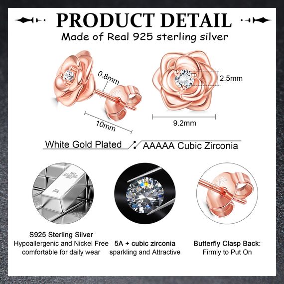 JeweBella Klein Rosen Ohrstecker Silber 925 Ohrringe für Damen Mädchen Hypoallergen Kleine Rose Blumen Ohrstecker mit 5A+Zirkonia Helix Knorpel Ohrringe Silber/Gold/Rose Gold/Schwarz Geschenke
