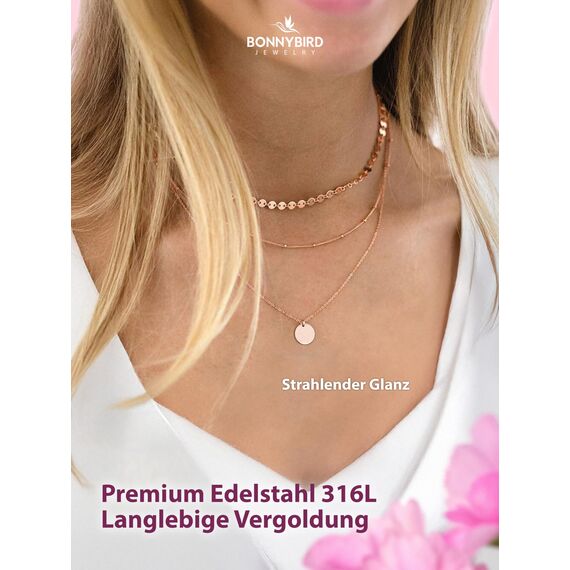 BONNYBIRD® Layering Kette Rosegold Damen Ketten Set Schlichte Kette Rosegold Boho Kette Damen Feine Halskette Edelstahl Mehrreihige Kette mit Anhänger Kette Boho