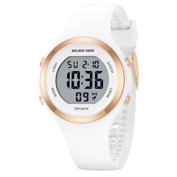 GOLDEN HOUR Digital Uhr Damen 5ATM wasserdichte Sport Chronograph Silikonarmband Armbanduhr Damen Sportlich Elegant Uhren Damen mit Datum Leuchtend Leicht ablesbares Zifferblatt - White