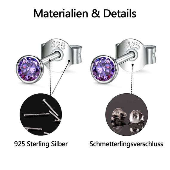 USEEDOVIA Ohrstecker Silber 925 Damen, 3 Paar Klein Sterling Silber Ohrringe Set mit Lila Violett Zirkonia Knorpel Funkelnd Amethyst Schmuck Geschenke für Damen Herren 2/3/4mm