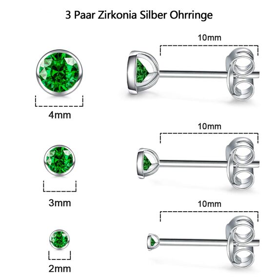 USEEDOVIA Ohrstecker Silber 925 Damen, 3 Paar Klein Sterling Silber Ohrringe Set mit Grün Zirkonia Smaragd Knorpel Funkelnd Schmuck Geschenke für Damen Herren 2/3/4mm