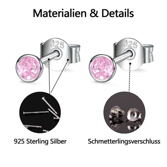 USEEDOVIA Ohrstecker Silber 925 Damen, 3 Paar Klein Sterling Silber Ohrringe Set mit Pink Zirkonia Rose Knorpel Funkelnd Schmuck Geschenke für Damen Herren 2/3/4mm