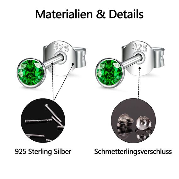 USEEDOVIA Ohrstecker Silber 925 Damen, 3 Paar Klein Sterling Silber Ohrringe Set mit Grün Zirkonia Smaragd Knorpel Funkelnd Schmuck Geschenke für Damen Herren 2/3/4mm