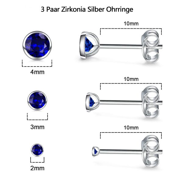 USEEDOVIA Ohrstecker Silber 925 Damen, 3 Paar Klein Sterling Silber Ohrringe Set mit Blau Zirkonia Saphir Knorpel Funkelnd Schmuck Geschenke für Damen Herren 2/3/4mm