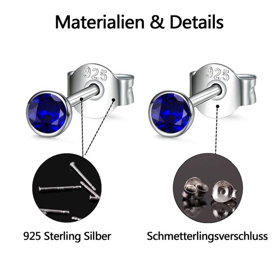 USEEDOVIA Ohrstecker Silber 925 Damen, 3 Paar Klein Sterling Silber Ohrringe Set mit Blau Zirkonia Saphir Knorpel Funkelnd Schmuck Geschenke für Damen Herren 2/3/4mm