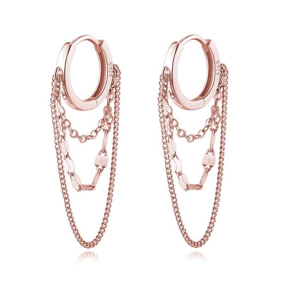 Reffeer Solide 925 Sterling Silber Kette Tropfen Ohrringe Creolen für Frauen Teen Creolen Quaste Kette Huggie Baumeln Ohrringe (C-Rose Gold Plated)