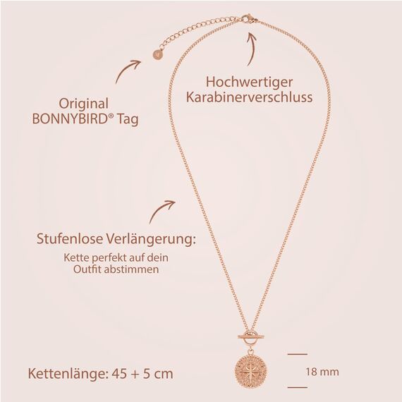 BONNYBIRD® Kompass Kette Damen Rosegold Edelstahl Halskette mit Anhänger Wasserfest Knebelverschluss Goldkette Schmuck Frauen Coin Panzerkette Vergoldet Goldschmuck Layering Sommer Accessoire