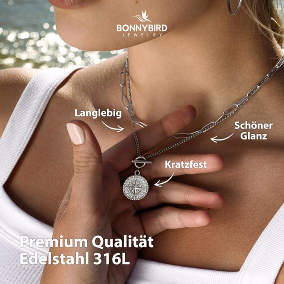 BONNYBIRD® Kompass Kette Damen Silber Edelstahl Halskette mit Anhänger Wasserfest Knebelverschluss Silberkette Schmuck Frauen Coin Panzerkette Silberschmuck Layering Sommer Accessoire