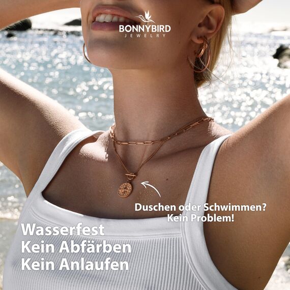 BONNYBIRD® Kompass Kette Damen Rosegold Edelstahl Halskette mit Anhänger Wasserfest Knebelverschluss Goldkette Schmuck Frauen Coin Panzerkette Vergoldet Goldschmuck Layering Sommer Accessoire