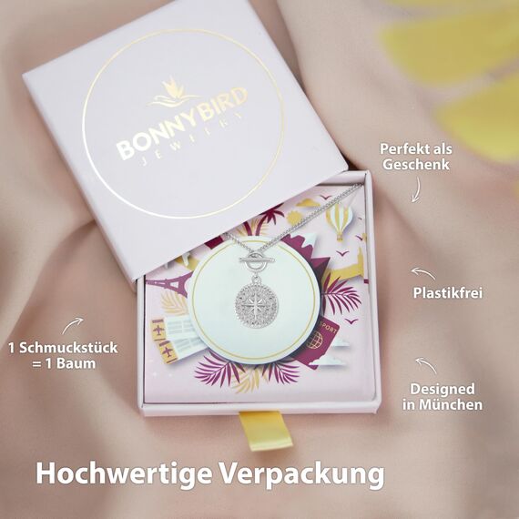 BONNYBIRD® Kompass Kette Damen Silber Edelstahl Halskette mit Anhänger Wasserfest Knebelverschluss Silberkette Schmuck Frauen Coin Panzerkette Silberschmuck Layering Sommer Accessoire
