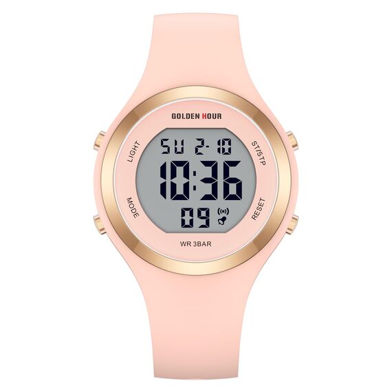 GOLDEN HOUR Digital Uhr Damen 5ATM Wasserdichte Sport Chronograph Mit Silikonarmband - Elegant Sportliche Armbanduhr Mit Datum Und Leuchtend Leicht Ablesbarem Zifferblatt - Champagne
