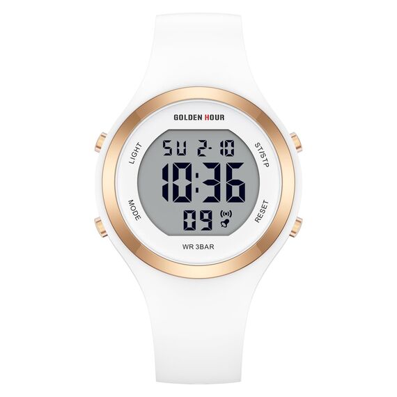 GOLDEN HOUR Digital Uhr Damen 5ATM wasserdichte Sport Chronograph Silikonarmband Armbanduhr Damen Sportlich Elegant Uhren Damen mit Datum Leuchtend Leicht ablesbares Zifferblatt - White