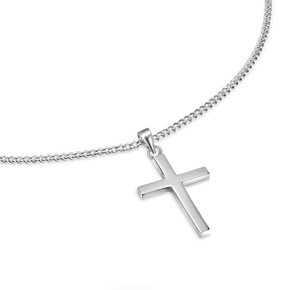 day.berlin Damen Kreuzkette Vice in Silber, 45+5cm mit Kreuz Anhänger (13x28mm) feine Panzerkette aus Edelstahl für Frauen