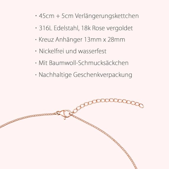 day.berlin Damen Kreuzkette Vice in Rosegold 45+5cm mit Kreuz Anhänger (13x28mm) feine Panzerkette Edelstahl 18k vergoldet für Frauen
