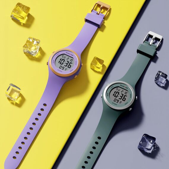 GOLDEN HOUR Digitale Damenuhren, 5 ATM wasserdicht, Sport-Damenuhr mit leuchtendem/Datum/Woche/Monat, Silikonarmband, Schwimmuhr für Frauen, dunkelgrün