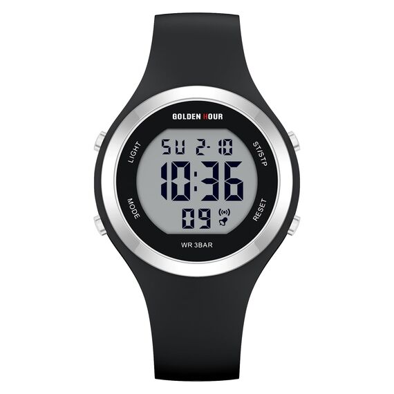 GOLDEN HOUR Digital Uhr Damen 5ATM wasserdichte Sport Chronograph Silikonarmband Armbanduhr Damen Sportlich Elegant Uhren Damen mit Datum Leuchtend Leicht ablesbares Zifferblatt - Silber Schwarz