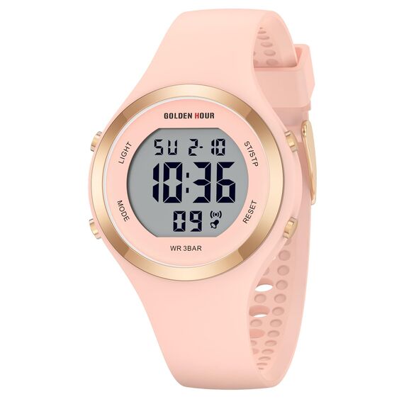 GOLDEN HOUR Digital Uhr Damen 5ATM Wasserdichte Sport Chronograph Mit Silikonarmband - Elegant Sportliche Armbanduhr Mit Datum Und Leuchtend Leicht Ablesbarem Zifferblatt - Champagne