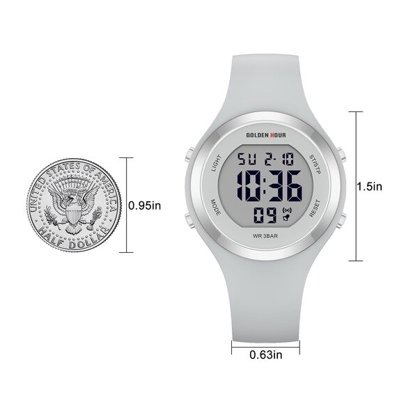 GOLDEN HOUR Digitale Damenuhren, 5 ATM wasserdicht, Sport-Damenuhr mit leuchtendem/Datum/Woche/Monat, Silikonarmband, Schwimmuhr für Frauen, grau