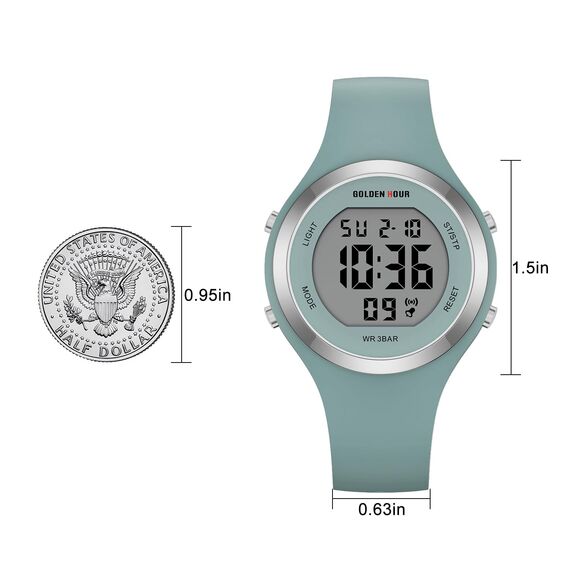 GOLDEN HOUR Digitale Damenuhren, 5 ATM wasserdicht, Sport-Damenuhr mit leuchtendem/Datum/Woche/Monat, Silikonarmband, Schwimmuhr für Frauen, dunkelgrün