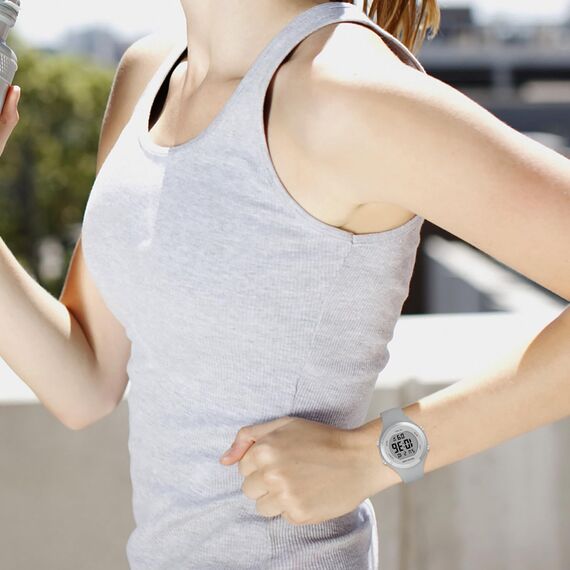 GOLDEN HOUR Digitale Damenuhren, 5 ATM wasserdicht, Sport-Damenuhr mit leuchtendem/Datum/Woche/Monat, Silikonarmband, Schwimmuhr für Frauen, grau