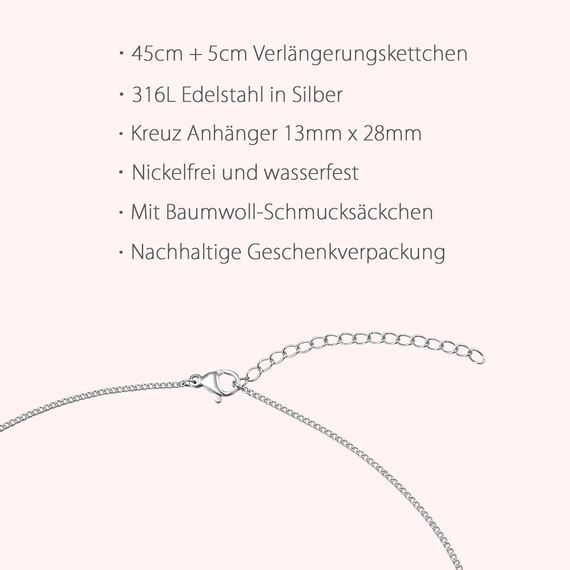 day.berlin Damen Kreuzkette Vice in Silber, 45+5cm mit Kreuz Anhänger (13x28mm) feine Panzerkette aus Edelstahl für Frauen